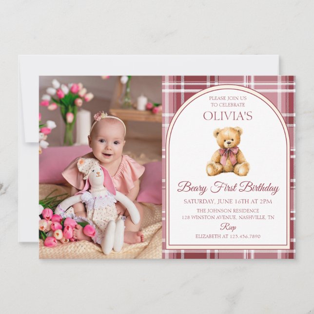 Invitación Pink Bow Teddy Bear Tartan Photo Birthday (Anverso)