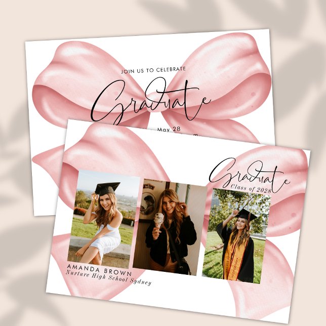 Invitación Pink Bow Three Photo Graduation 2025 Invitation (Subido por el creador)