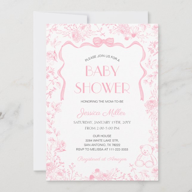 Invitación Pink Bow Toile De Jouy Girl Baby Shower (Anverso)