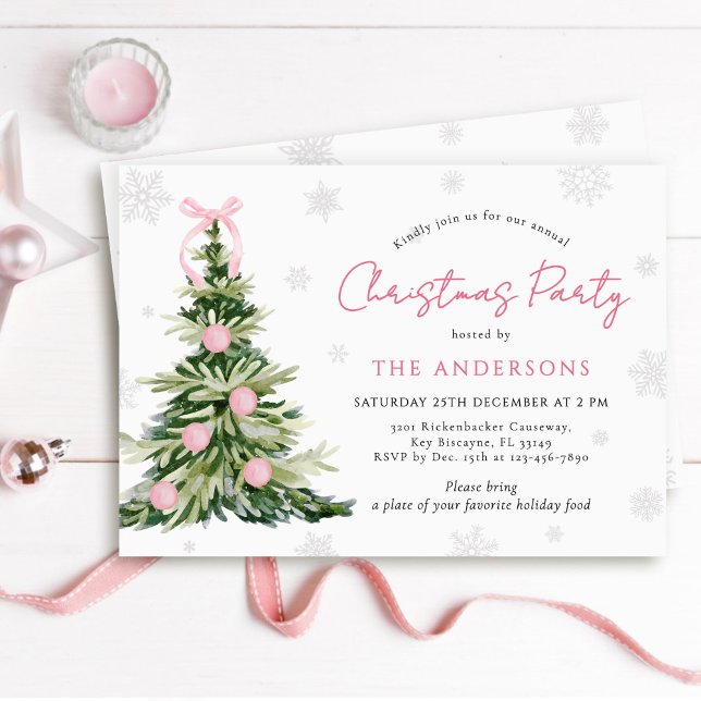 Invitación Pink Bow Traditional Tree Christmas Party (Subido por el creador)