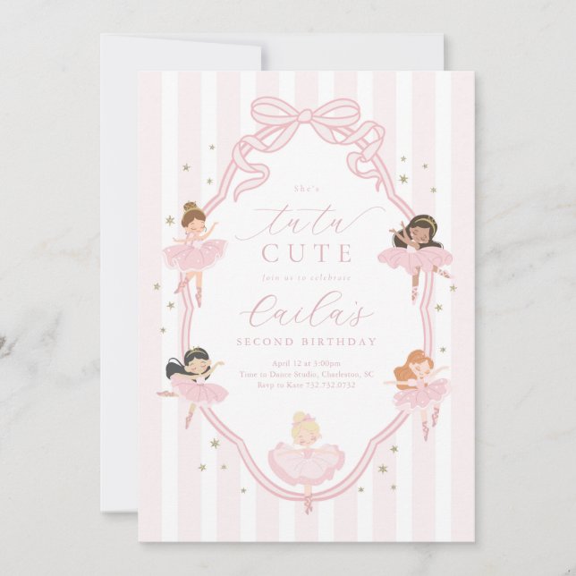 Invitación Pink Bow Tutu Cute Ballerina Birthday Invitation (Anverso)