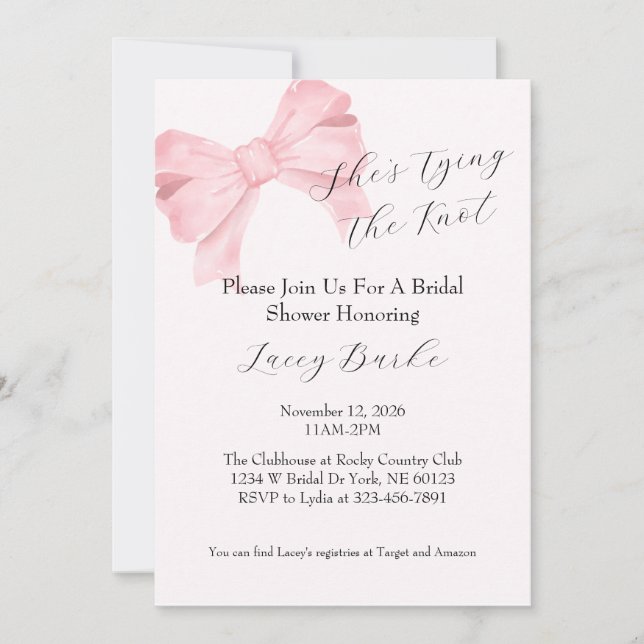 Invitación Pink Bow Tying the Knot Bridal Shower Invitation - (Anverso)