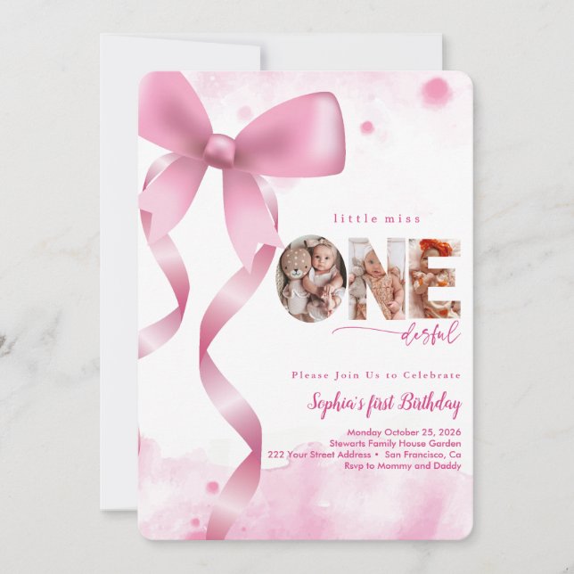 Invitación Pink Bow Una Maravillosa Foto De Bebé Primer Cumpl (Anverso)