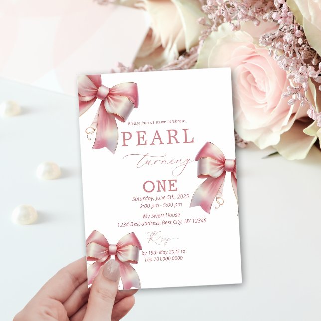 Invitación Pink Bow Watercolor Primer Cumpleaños (Subido por el creador)