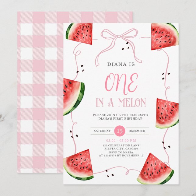 Invitación Pink Bow Watermelon First Birthday Invitation (Anverso / Reverso)