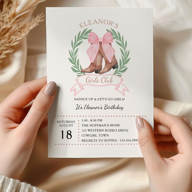 Invitación Pink Bow Western Cowgirl Boots Club de Chicas Cump (Cowgirl boots & pink bows birthday invitation by Darling & May. Saddle up and Lets go Girls! )