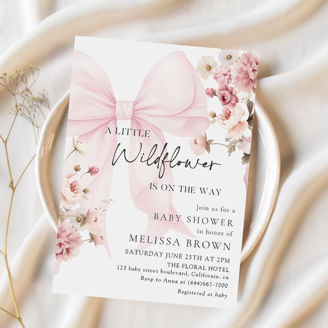 Invitación Pink Bow Wildflower Baby Shower Invitation (Subido por el creador)