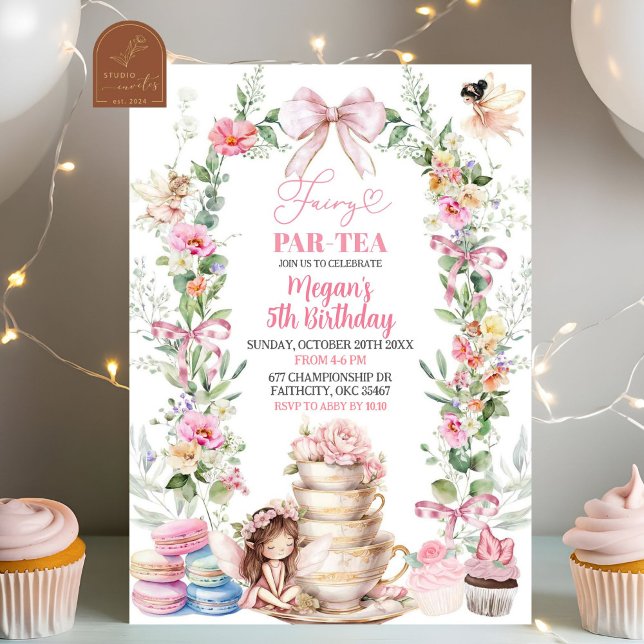 Invitación Pink Bow Wildflower Fairy Tea Fiesta Birday (Subido por el creador)
