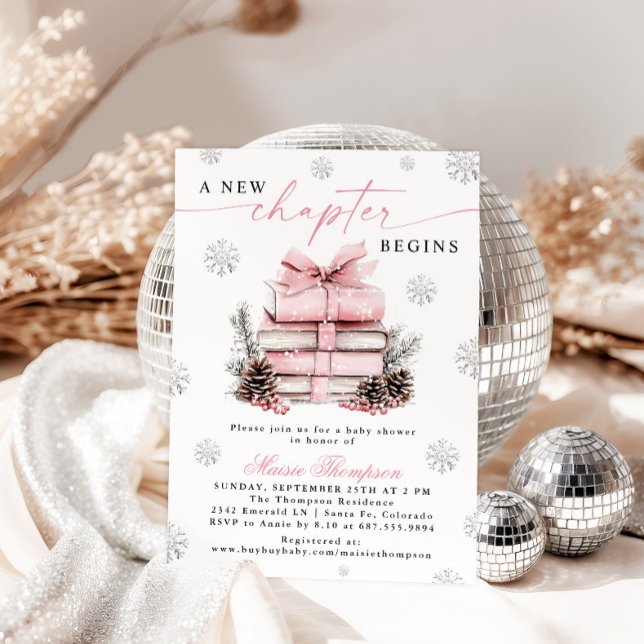 Invitación Pink Bow Winter Baby Shower A New Chapter Begins (Subido por el creador)