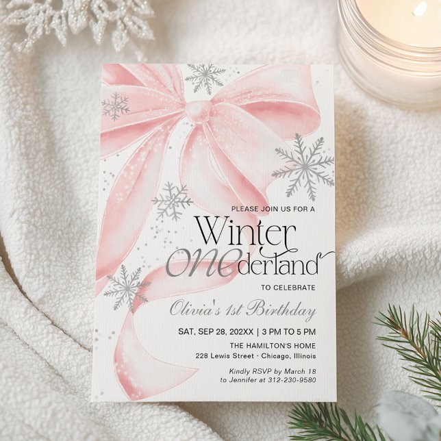 Invitación Pink Bow Winter Onederland 1st Birthday (Subido por el creador)