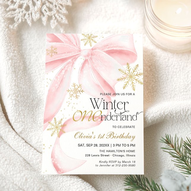 Invitación Pink Bow Winter Onederland 1st Birthday (Subido por el creador)