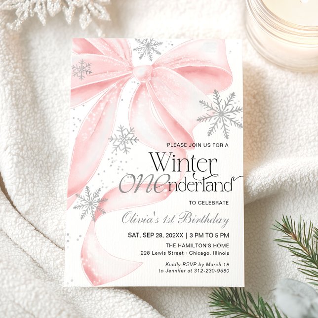 Invitación Pink Bow Winter Onederland 1st Birthday (Subido por el creador)