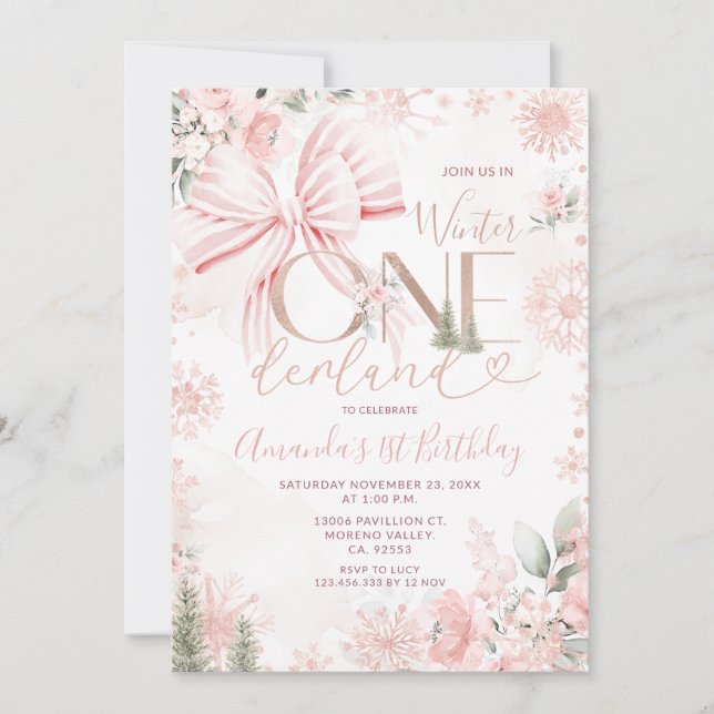 Invitación Pink Bow Winter Onederland Floral First Birthday (Anverso)