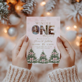 Invitación Pink Bow Winter Onederland Girl 1st Birthday Photo