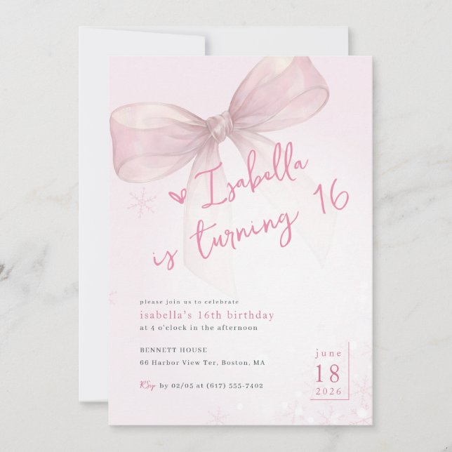 Invitación Pink Bow Winter Snowflake Girl 16th Birthday (Anverso)