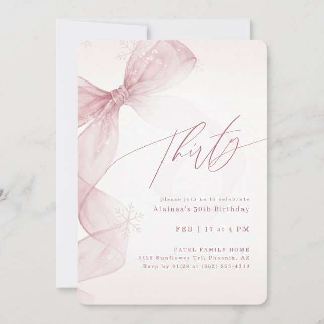 Invitación Pink Bow Winter Thirty Birthday Girl Party (Anverso)