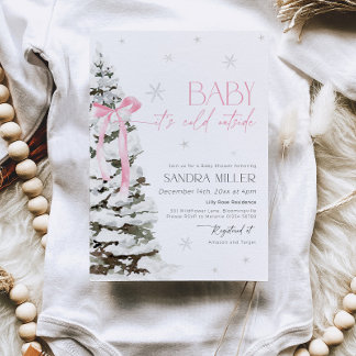 Invitación Pink Bow Winter Wonderland Girl Baby Shower