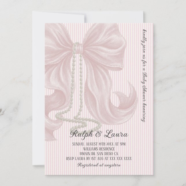 Invitación Pink Bow with Pearl Girl Baby Shower (Anverso)