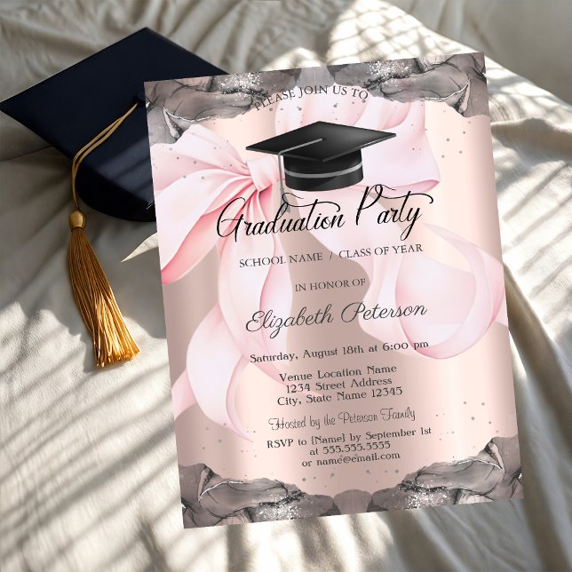 Invitación Pink Bow Your Photo Rose Gold Graduation   (Subido por el creador)