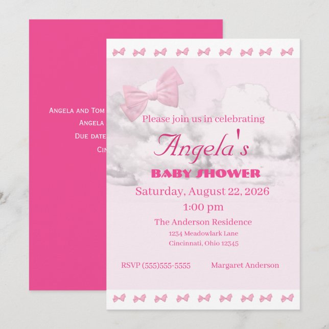 Invitación Pink Bows Baby Shower Invitation (Anverso / Reverso)