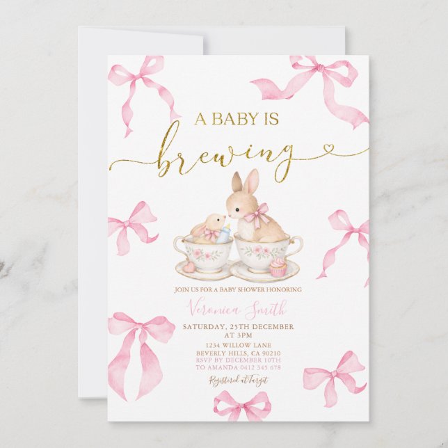 Invitación Pink Bows Bunny Tea Party Baby Shower Invitation (Anverso)