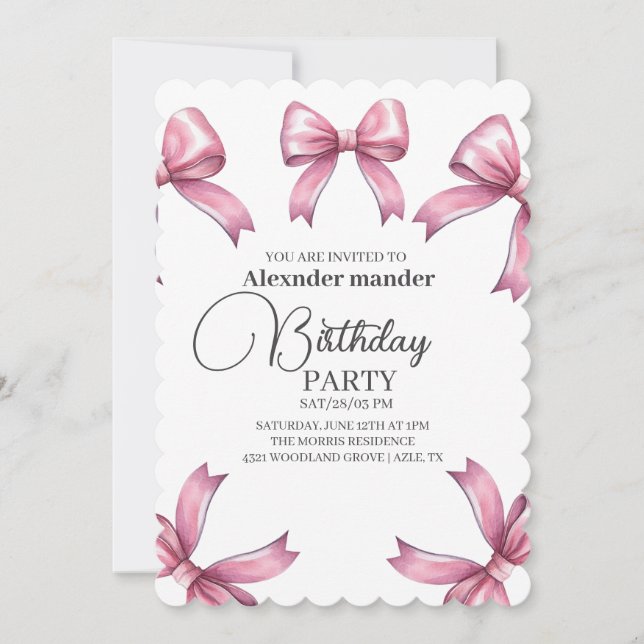 Invitación Pink Bows fiesta de cumpleaños de moda Chica (Anverso)