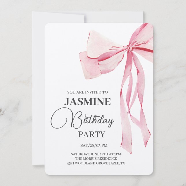 Invitación Pink Bows fiesta de cumpleaños de moda Chica (Anverso)