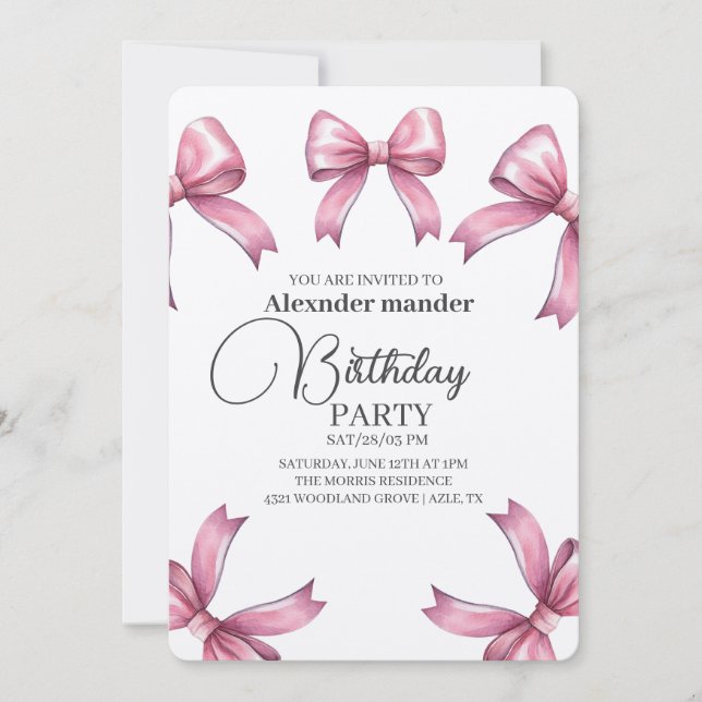 Invitación Pink Bows fiesta de cumpleaños de moda Chica (Anverso)