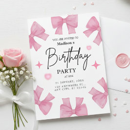 Invitación Pink Bows & Hearts Girl's Birthday Party