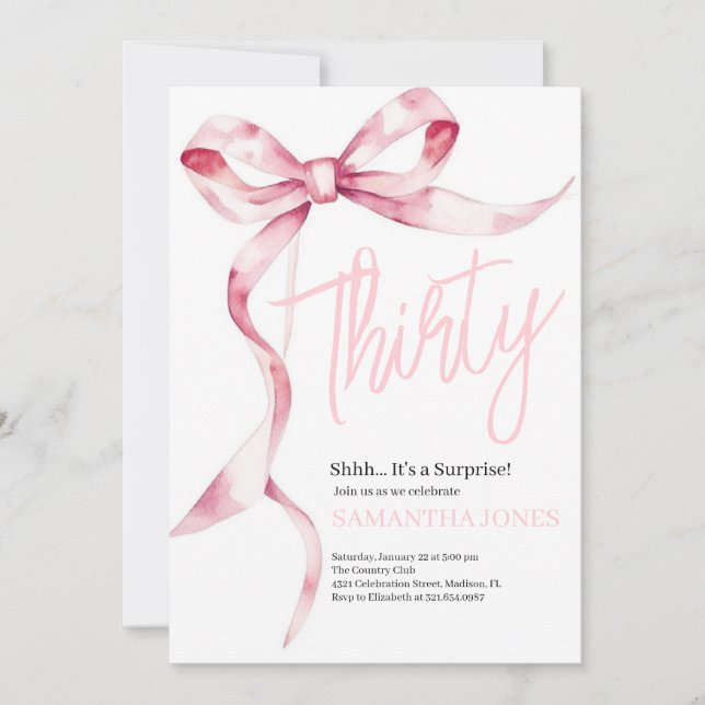 Invitación Pink Bows moderno Treinta y Treinta Fiesta de cump (Anverso)