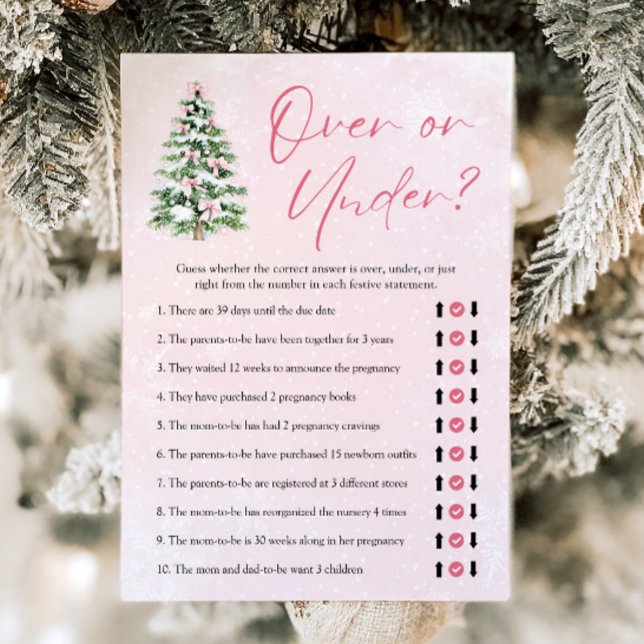 Invitación Pink Bows Navidades Sobre O Debajo Del Juego De Ba (Pink Bows Christmas Over Or Under Baby Shower Game)