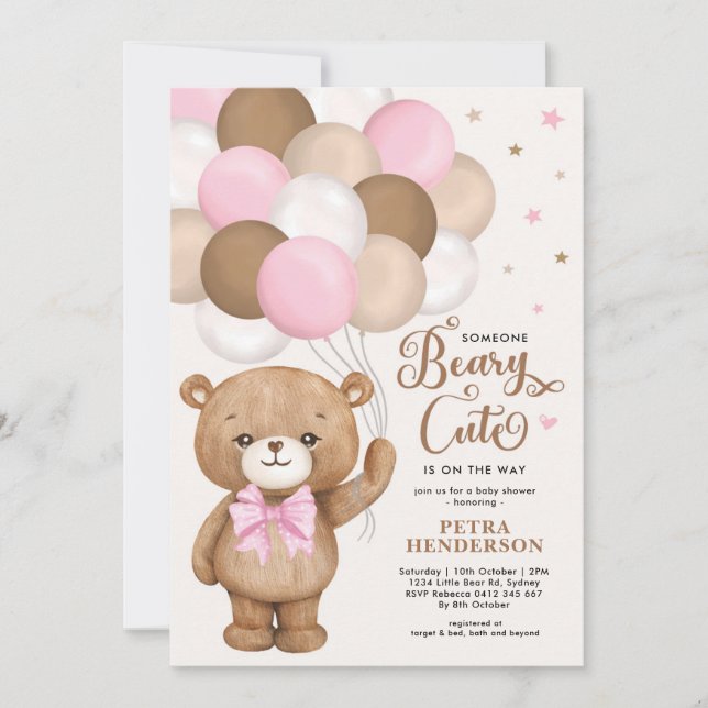 Invitación Pink Brown Beary Cute Teddy Bear Chica Baby Shower (Anverso)