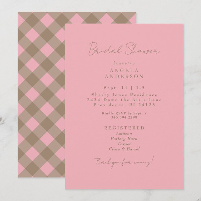 Invitación Pink & Brown Gingham Bridal Shower (Anverso / Reverso)