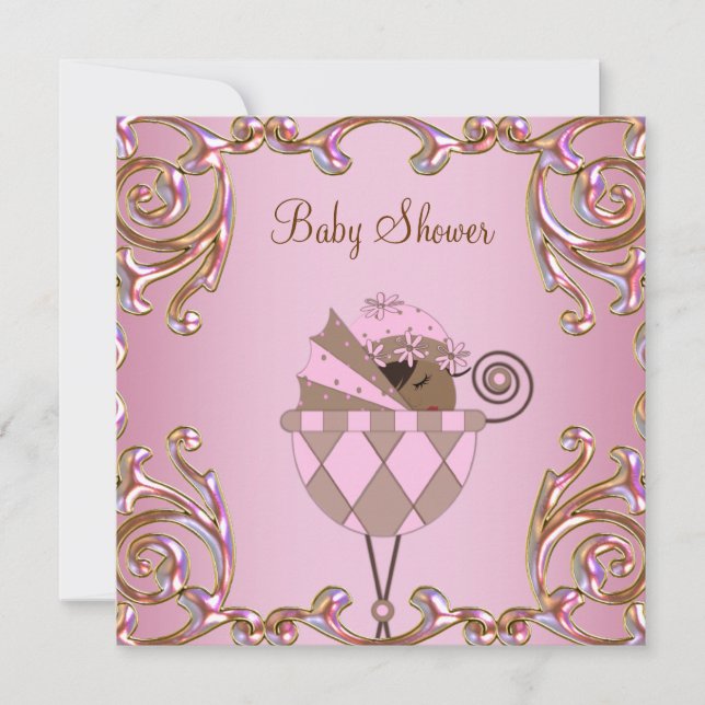 Invitación Pink Brown Gold Lace Baby Shower Invasión (Anverso)