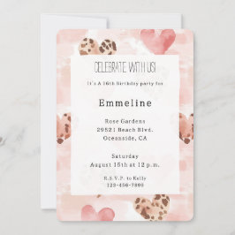 Invitación Pink Brown Hearts Leopard Animal Print Birthday