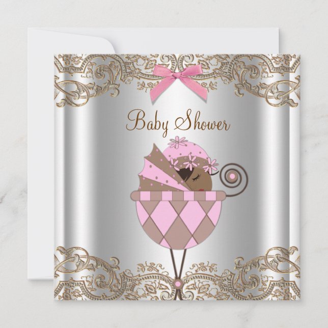 Invitación Pink Brown Lace African American Baby Shower (Anverso)