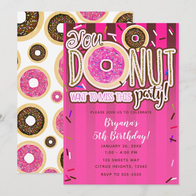 Invitación Pink & Brown Sprinkle Donuts Modern Birthday Party (Anverso / Reverso)