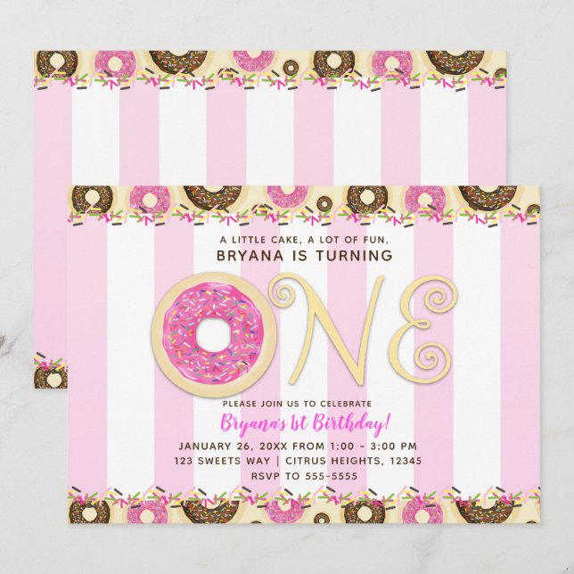 Invitación Pink Brown Sprinkle Donuts UN Fiesta de cumpleaños (Anverso / Reverso)