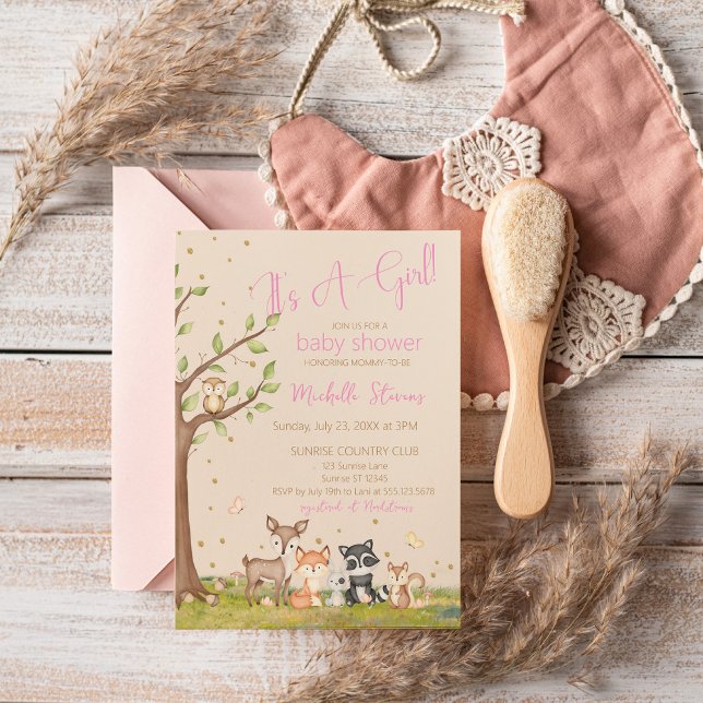 Invitación Pink Brown Watercolor Woodland Animals (Subido por el creador)