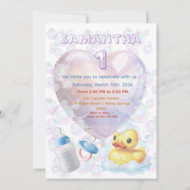 Invitación Pink Bubble Duck 1st Birthday Invite (Anverso)
