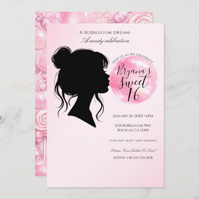 Invitación Pink Bubblegum Dream Candy Sweet 16 Celebration   (Anverso / Reverso)