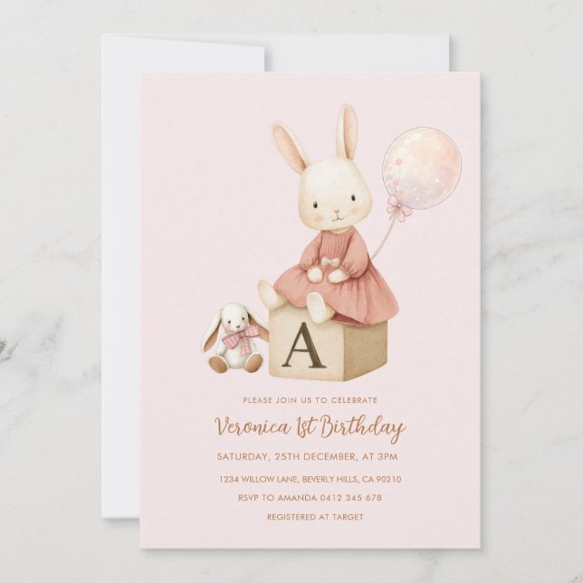 Invitación Pink Bunny 1st Birthday (Anverso)