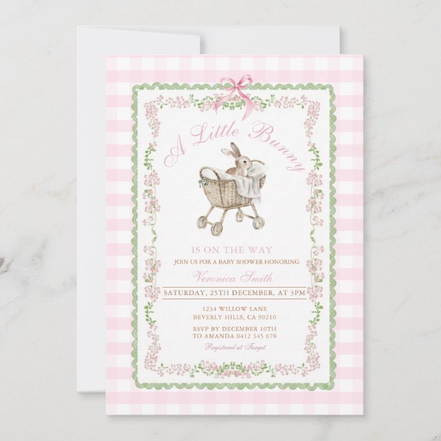 Invitación Pink Bunny Baby Shower Watercolor Grandmillennial  (Anverso)