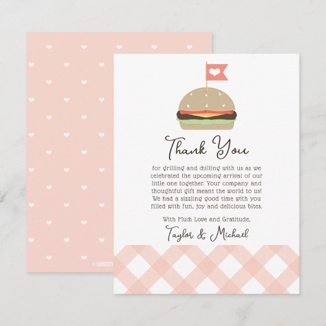 Invitación Pink Burger Couples BBQ Baby Shower Gracias Tarjet (Anverso / Reverso)