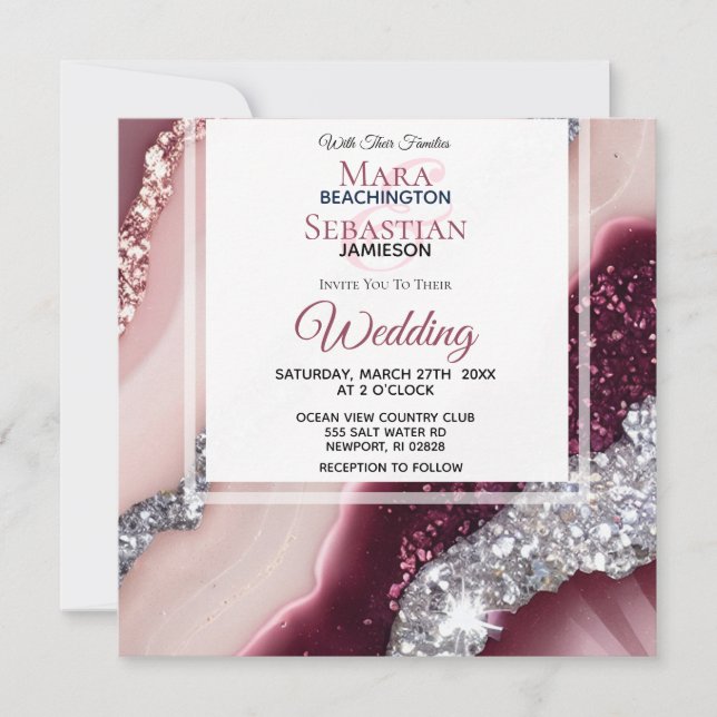 Invitación *~* PINK BURGUNDY Agate RSVP QR AR66 Boda (Anverso)