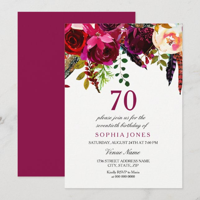 Invitación Pink Burgundy Boho Floral 70 cumpleaños (Anverso / Reverso)