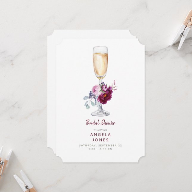Invitación Pink & Burgundy Peony Champagne Bridal (Anverso/Reverso In Situ)