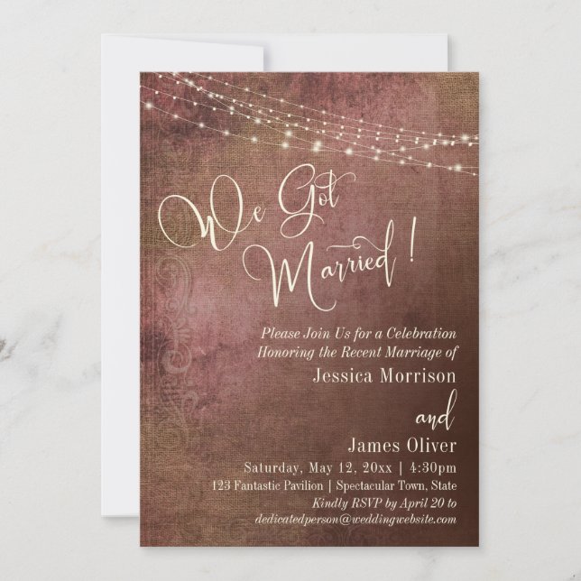 Invitación Pink & Burlap Vintage Nuestra Boda Recepción (Anverso)