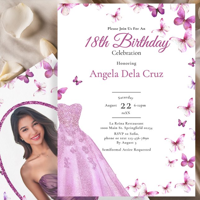 Invitación Pink Butterflies And Dress 18th Birthday Debut (Subido por el creador)