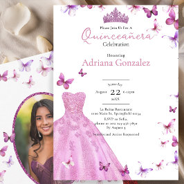 Invitación Pink Butterflies Dress and Tiara Photo Quinceanera